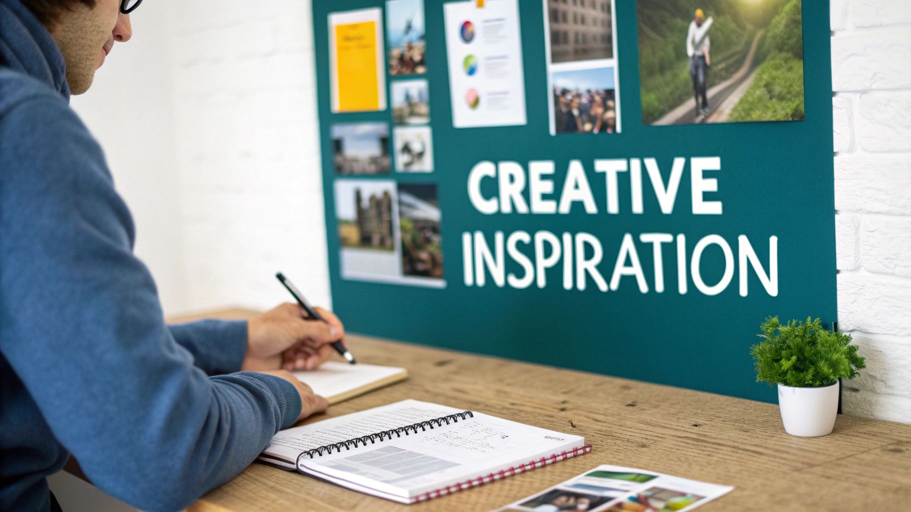 A person writing notes at a desk with a "Creative Inspiration" board and various images behind them.