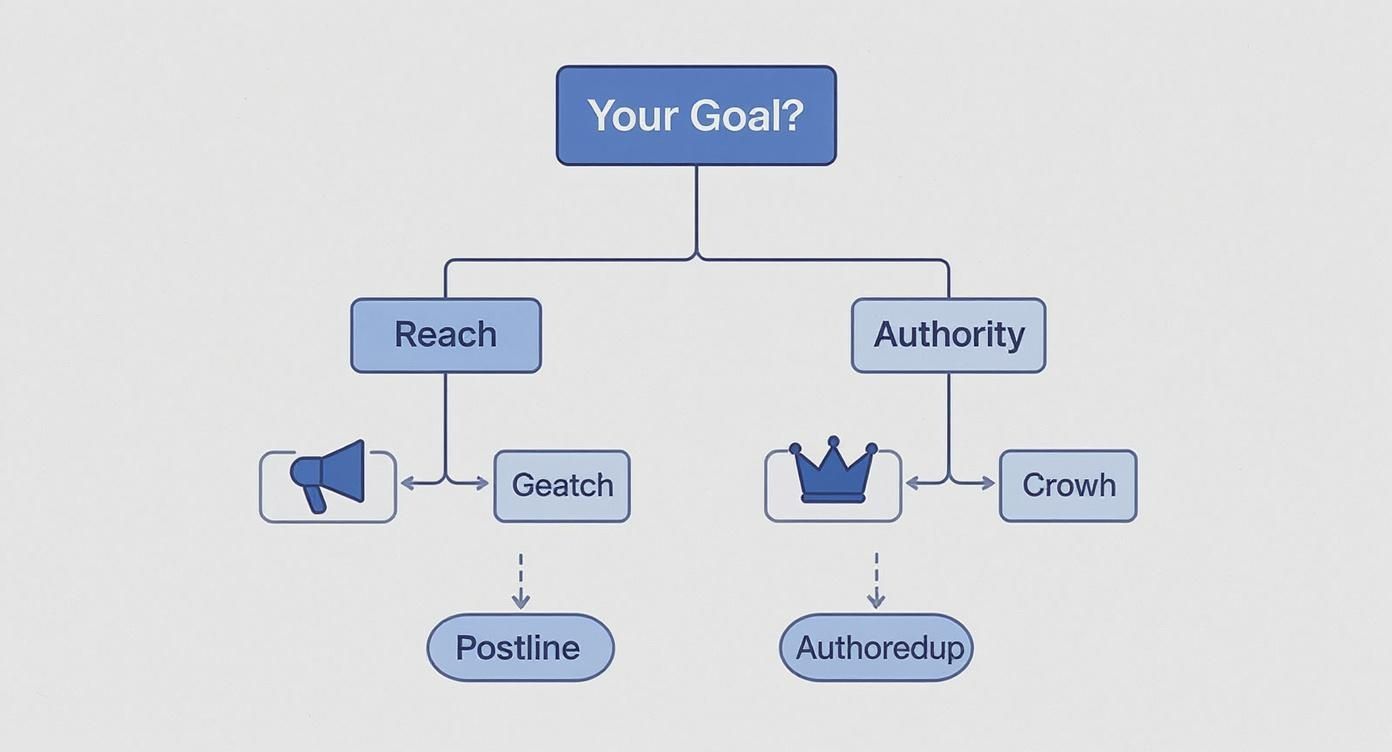 A flowchart detailing two paths from 'Your Goal?': 'Reach' leading to 'Postline', and 'Authority' leading to 'Authoredup'.