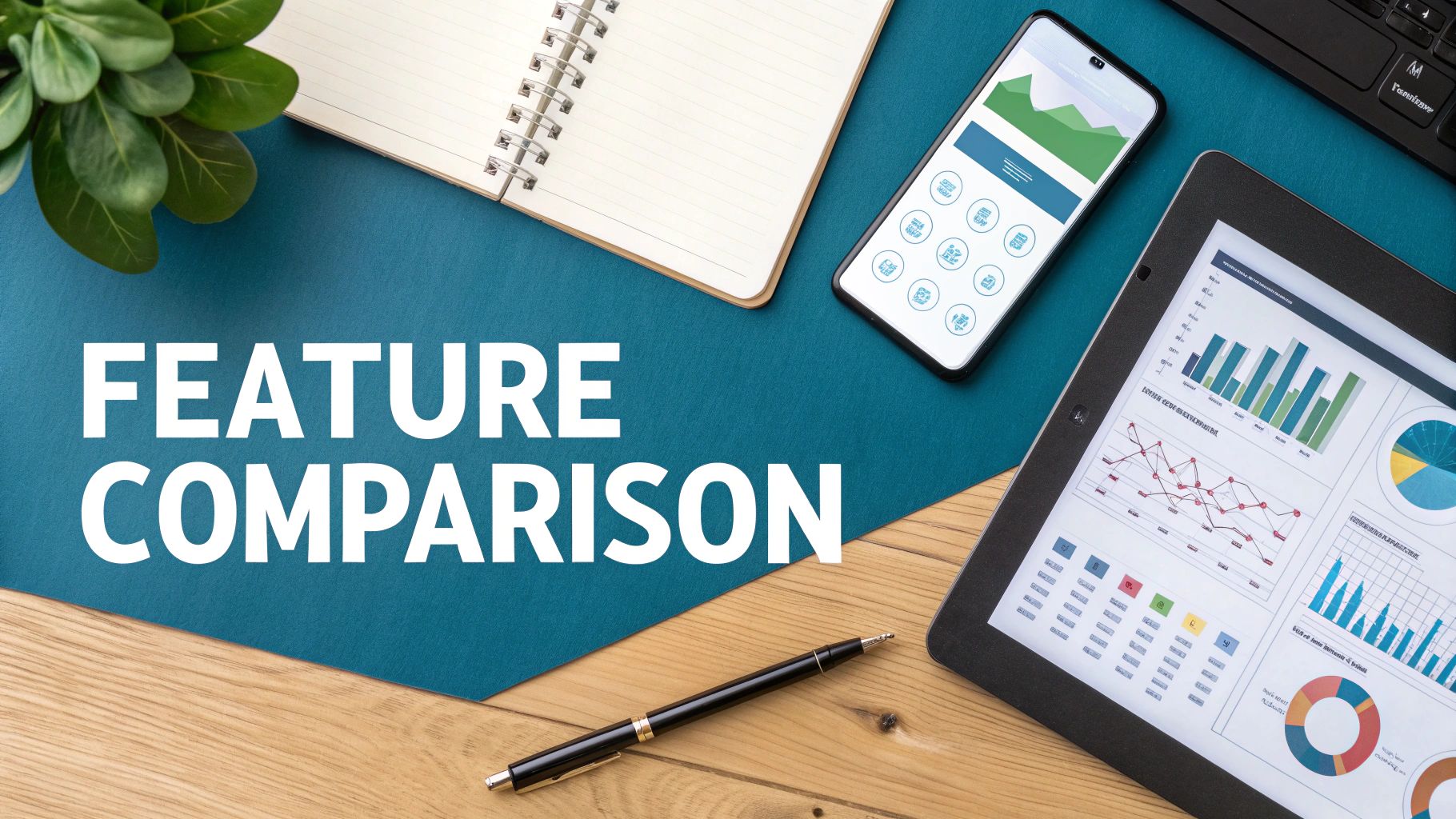 A flat lay shows a smartphone and tablet displaying graphs, a notebook, and a pen with "FEATURE COMPARISON" text.