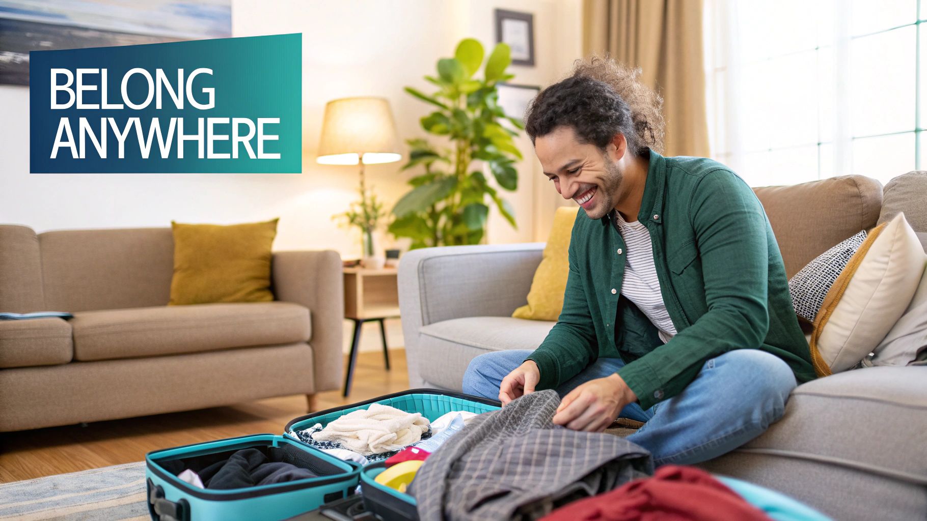A collage of diverse Airbnb hosts and guests sharing moments of connection and joy in unique homes around the world, illustrating the 'Belong Anywhere' concept.