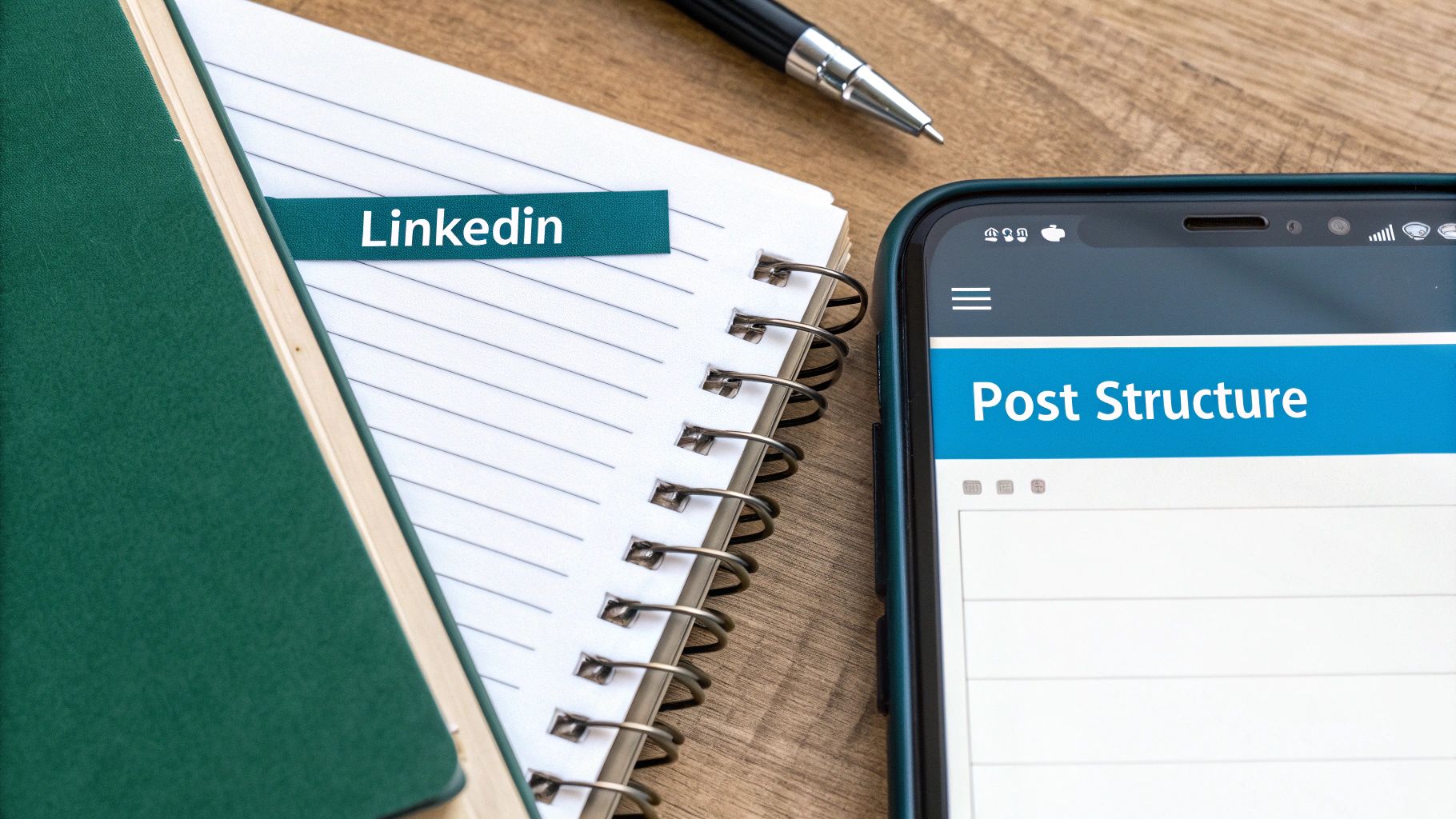 A person pointing at a laptop screen showing a LinkedIn post draft.