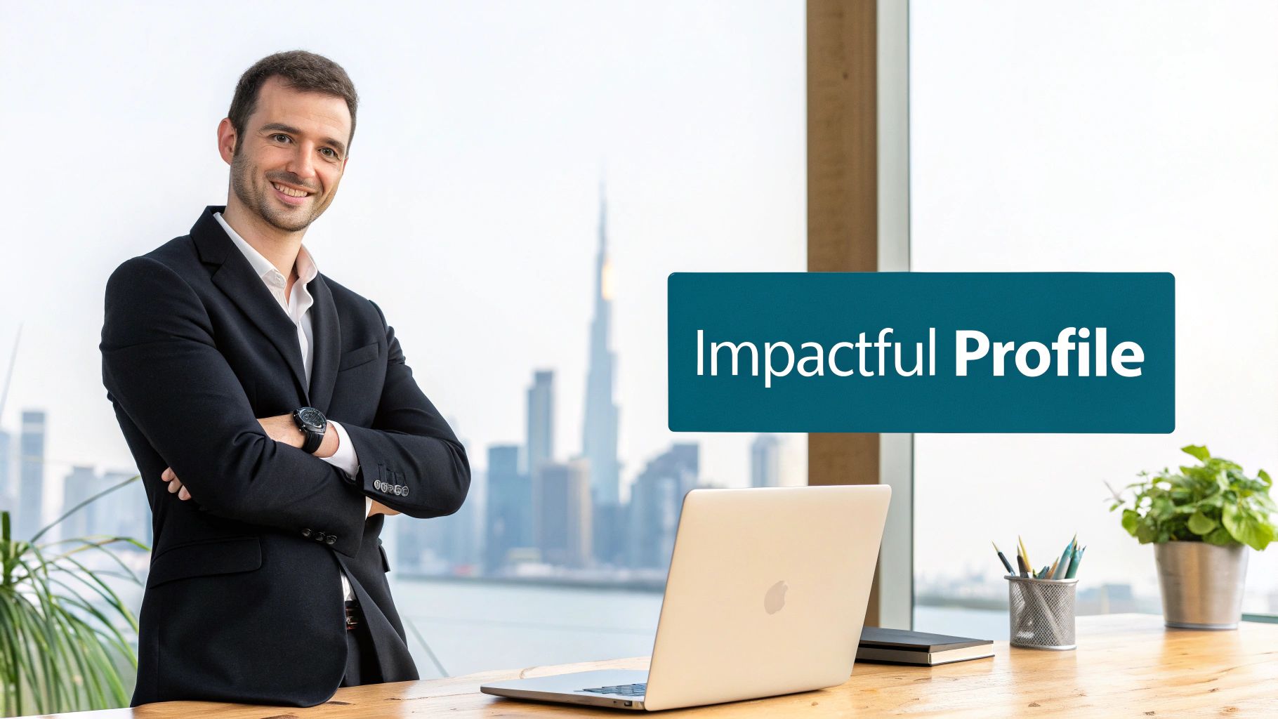 A smiling man in a suit stands by a desk with a laptop, a cityscape, and "Impactful Profile" text.