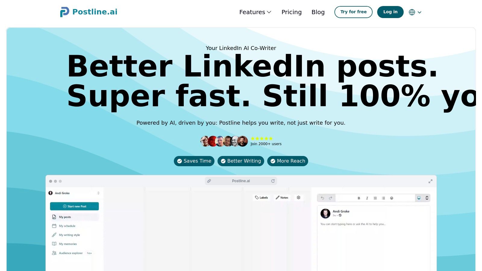 Postline.ai interface showing AI content generation and scheduling features.