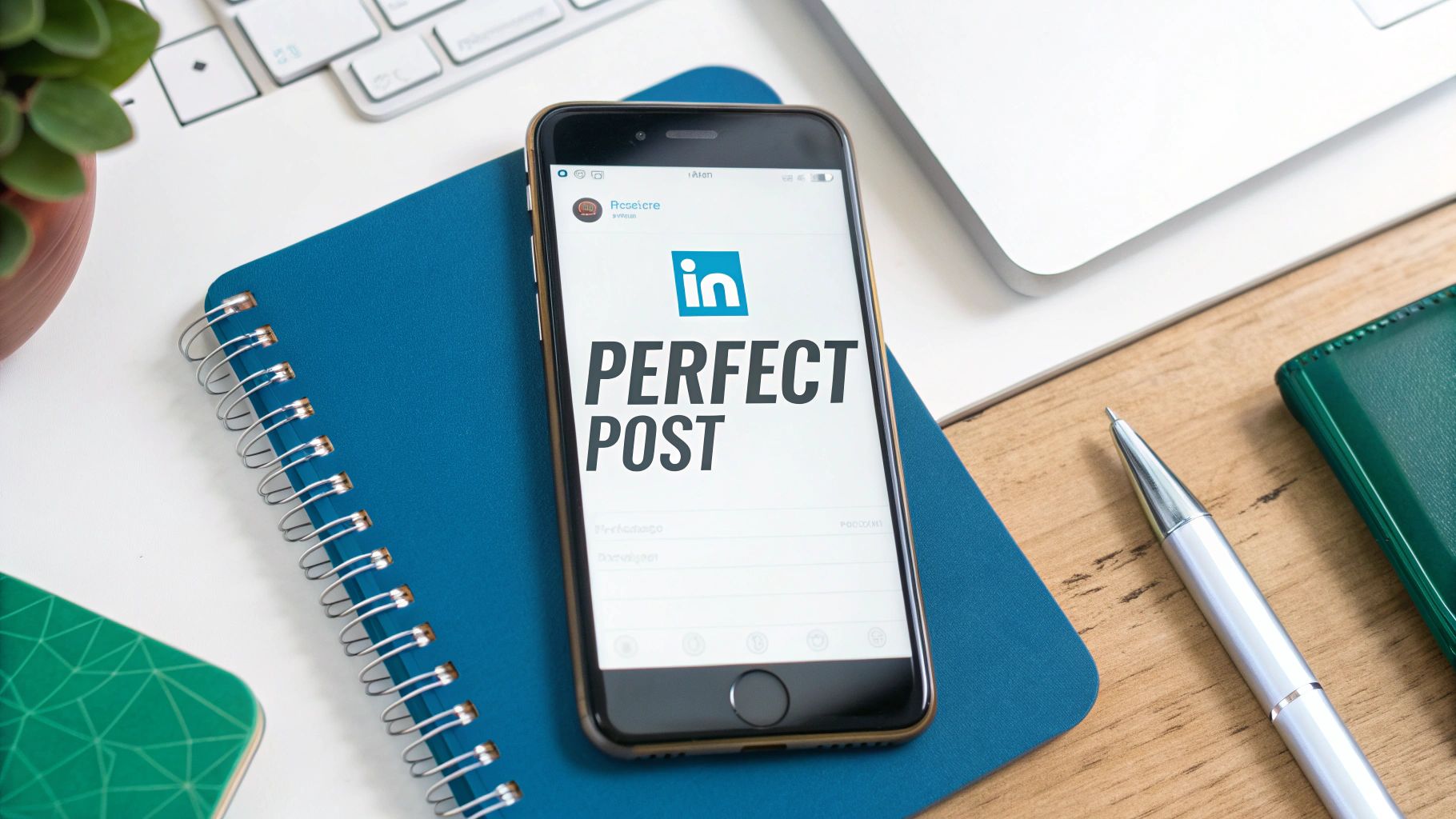 Smartphone displaying 'PERFECT POST' on LinkedIn, with a notebook, pen, laptop, and plant on a desk.