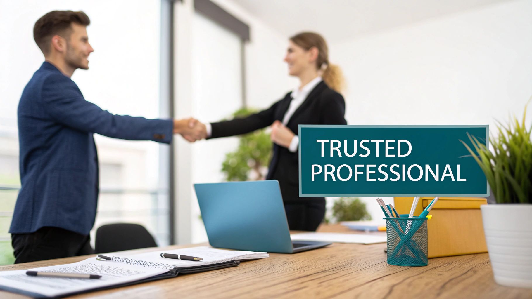 Two business professionals shaking hands in an office with a