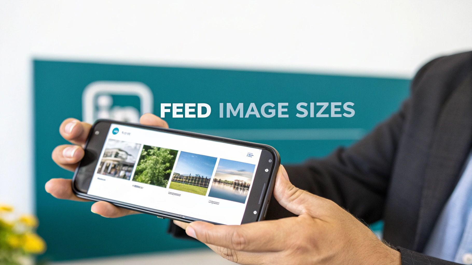Hands holding a smartphone displaying various images on a feed, with
