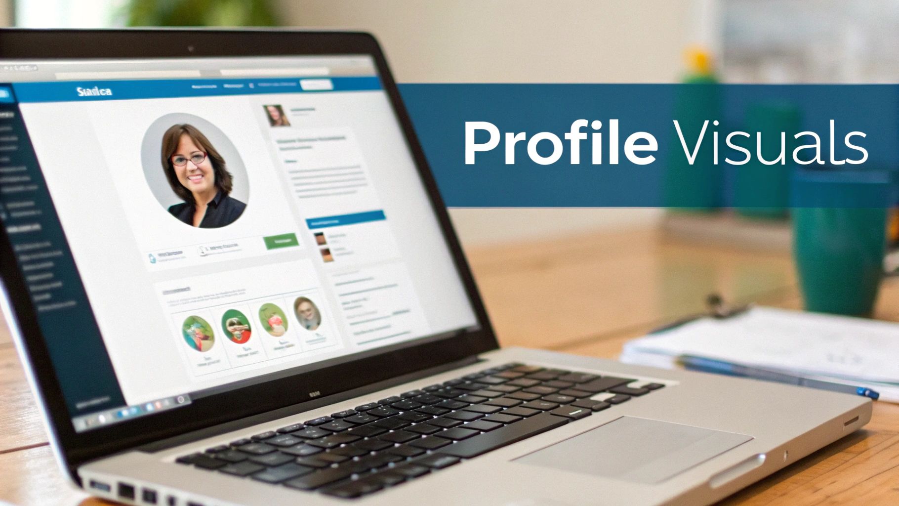 A laptop displays a social media profile page with a woman's portrait. A blue banner reads