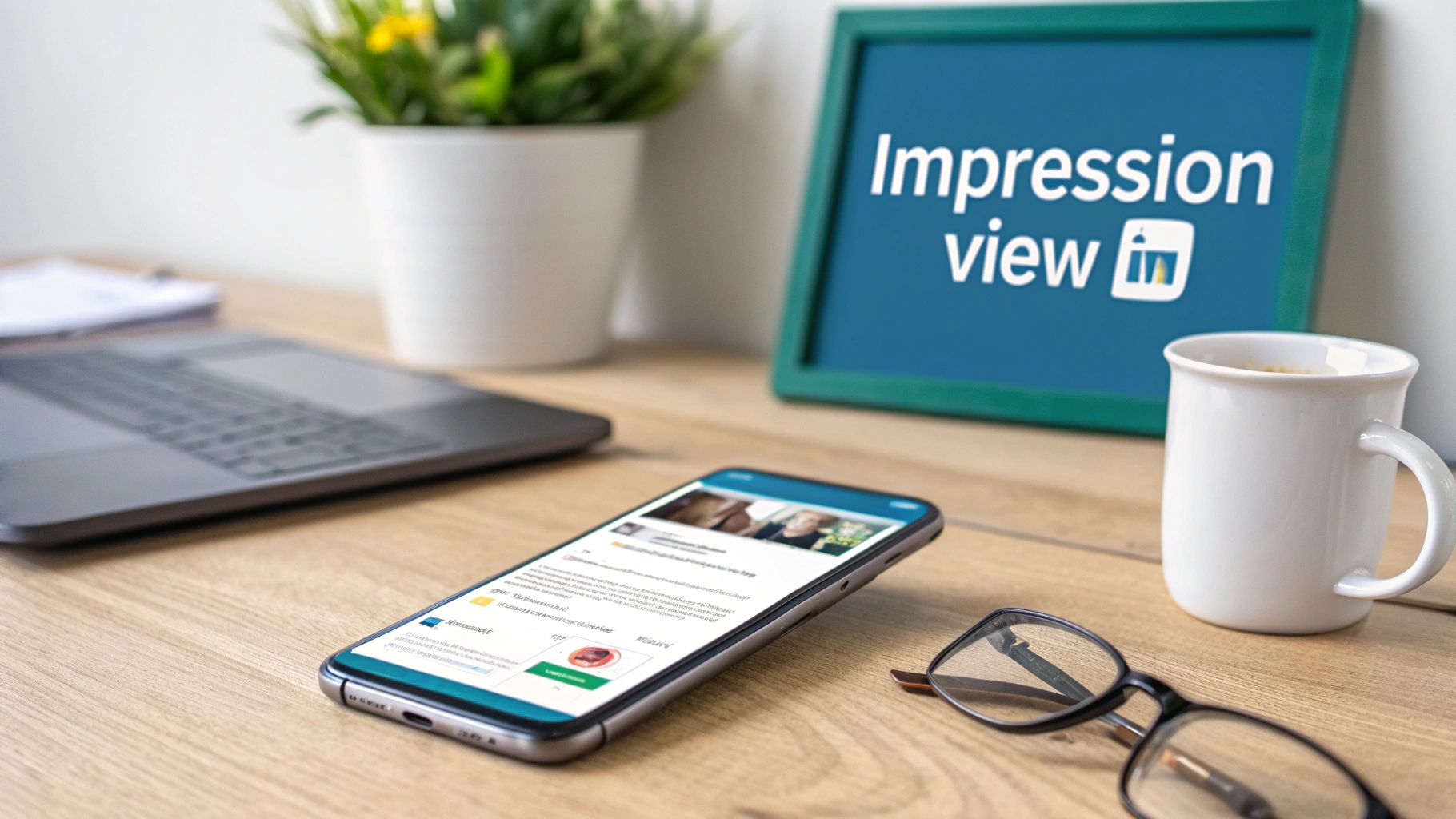 A smartphone showing a social media feed on a wooden desk with a laptop, mug, and a framed 'Impression view in' sign.