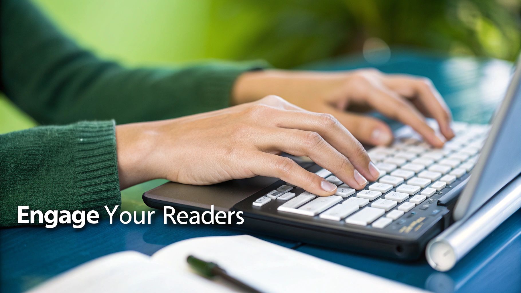 A person typing on a laptop with a focused expression, representing the act of crafting a compelling opening line.
